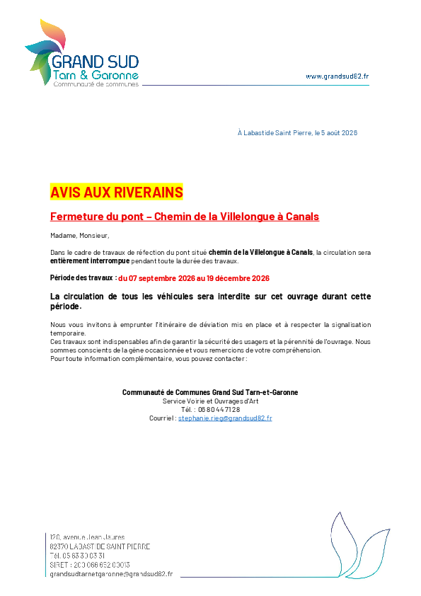 Avis aux riverains de la fermeture du pont du chemin de Villelongue à Canals du 7 septembre au 19 décembre 2026